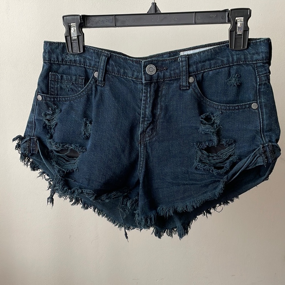 Pistola Blue Black Short Daisy Duke Denim Distressed Shorts Raw Hem- Extra Small